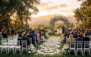 Esküvői esemény szabadban, virágos díszítéssel és DJ szolgáltatással.