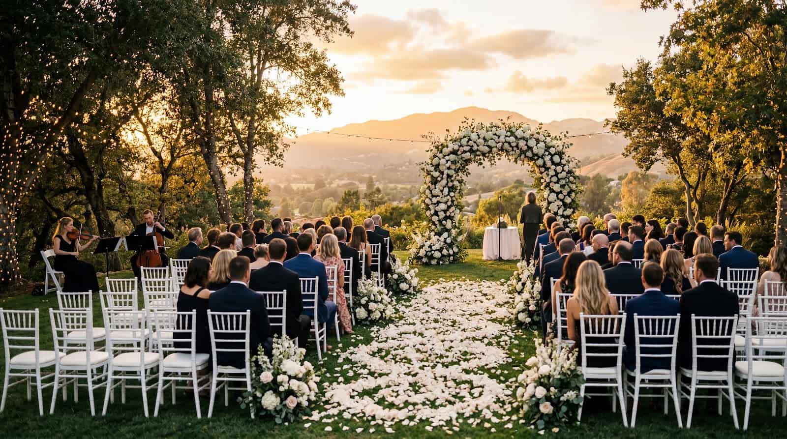 Top esküvői bevonuló zenék - tippek és zenei ajánlások a szertartáshoz 2 Esküvői esemény szabadban, virágos díszítéssel és DJ szolgáltatással.